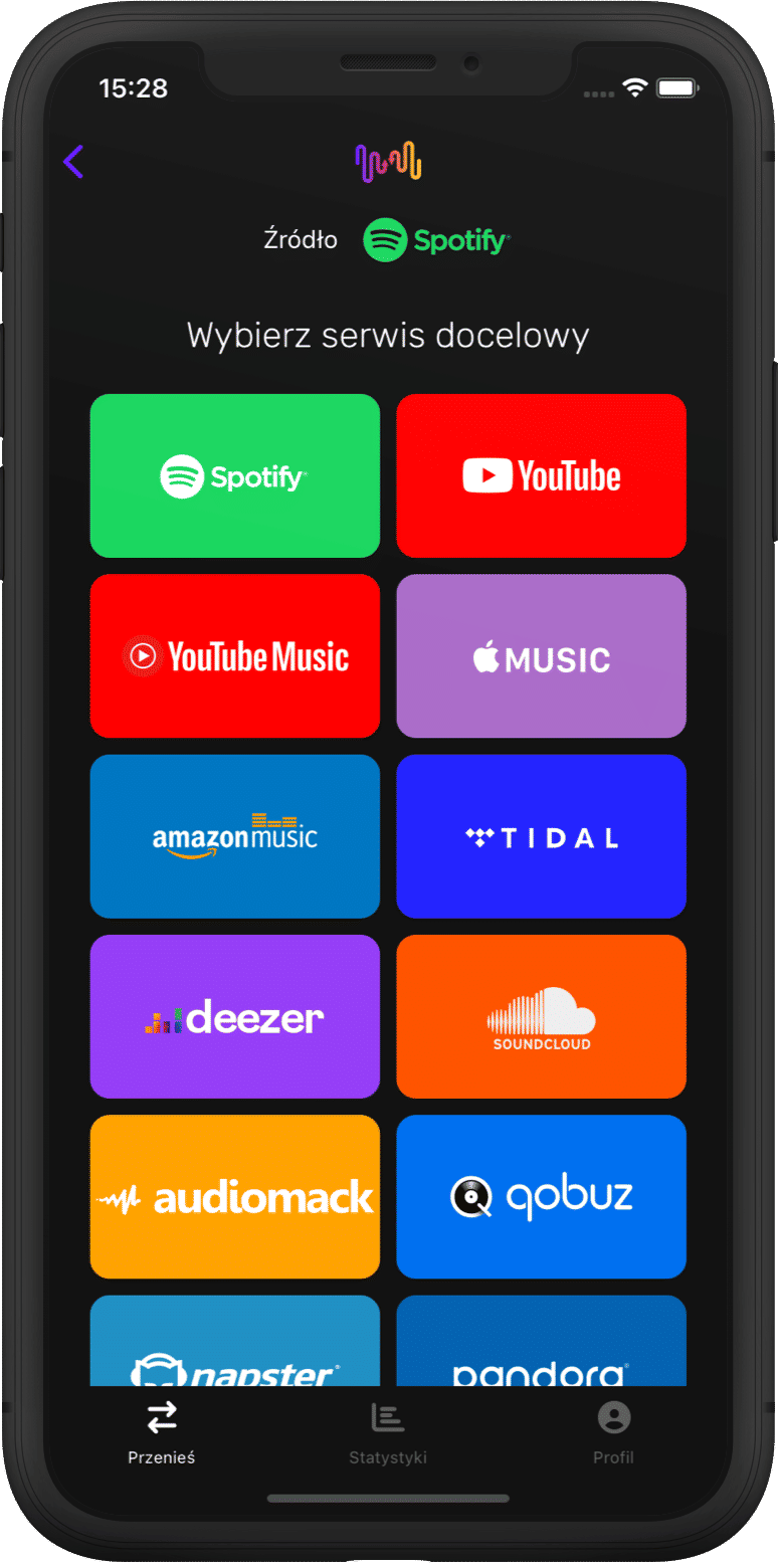 Zrzut ekranu przesyłania listy odtwarzania z wyborem Apple Music.