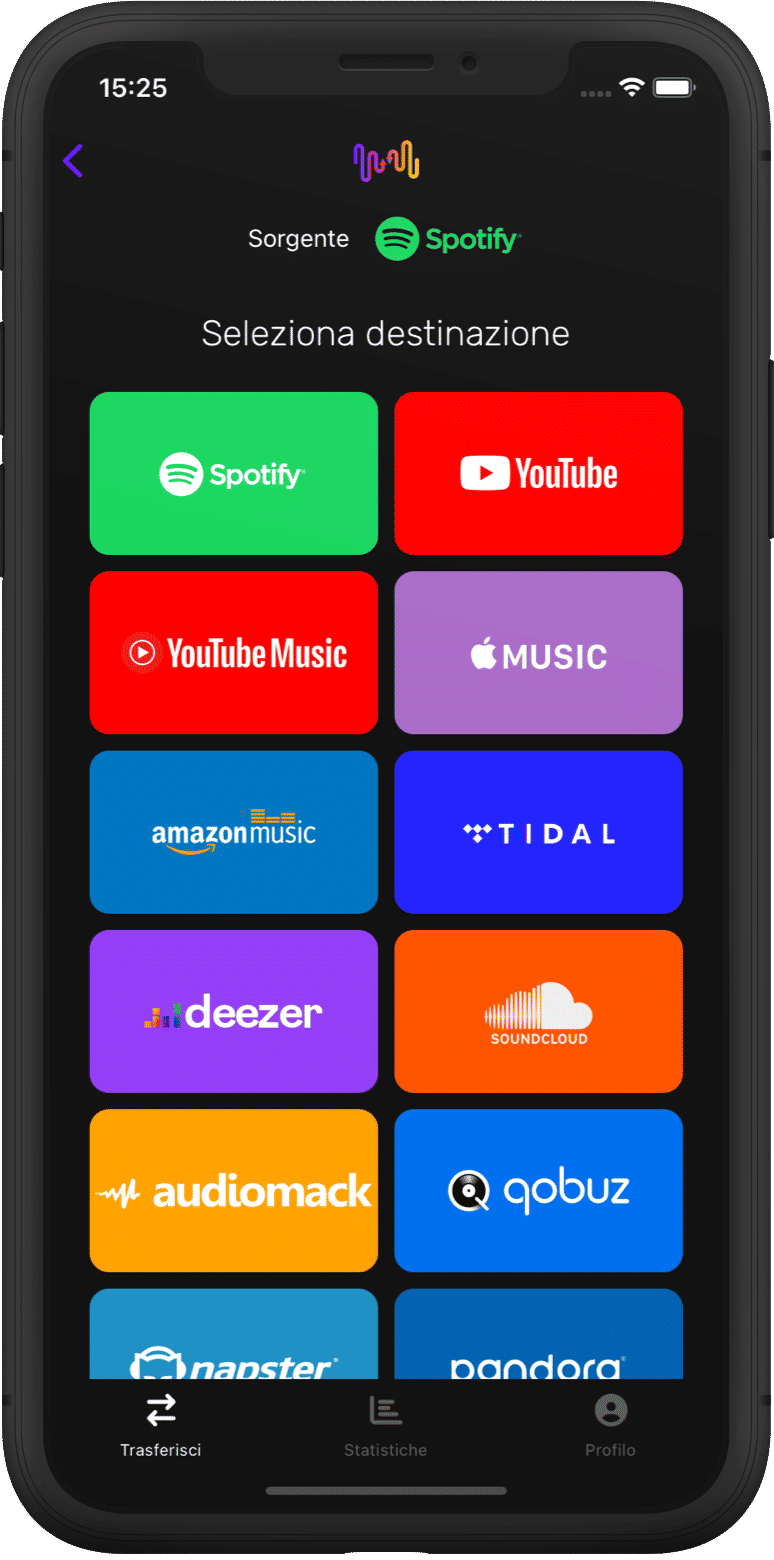 Screenshot del trasferimento della playlist selezionando YouTube Music
