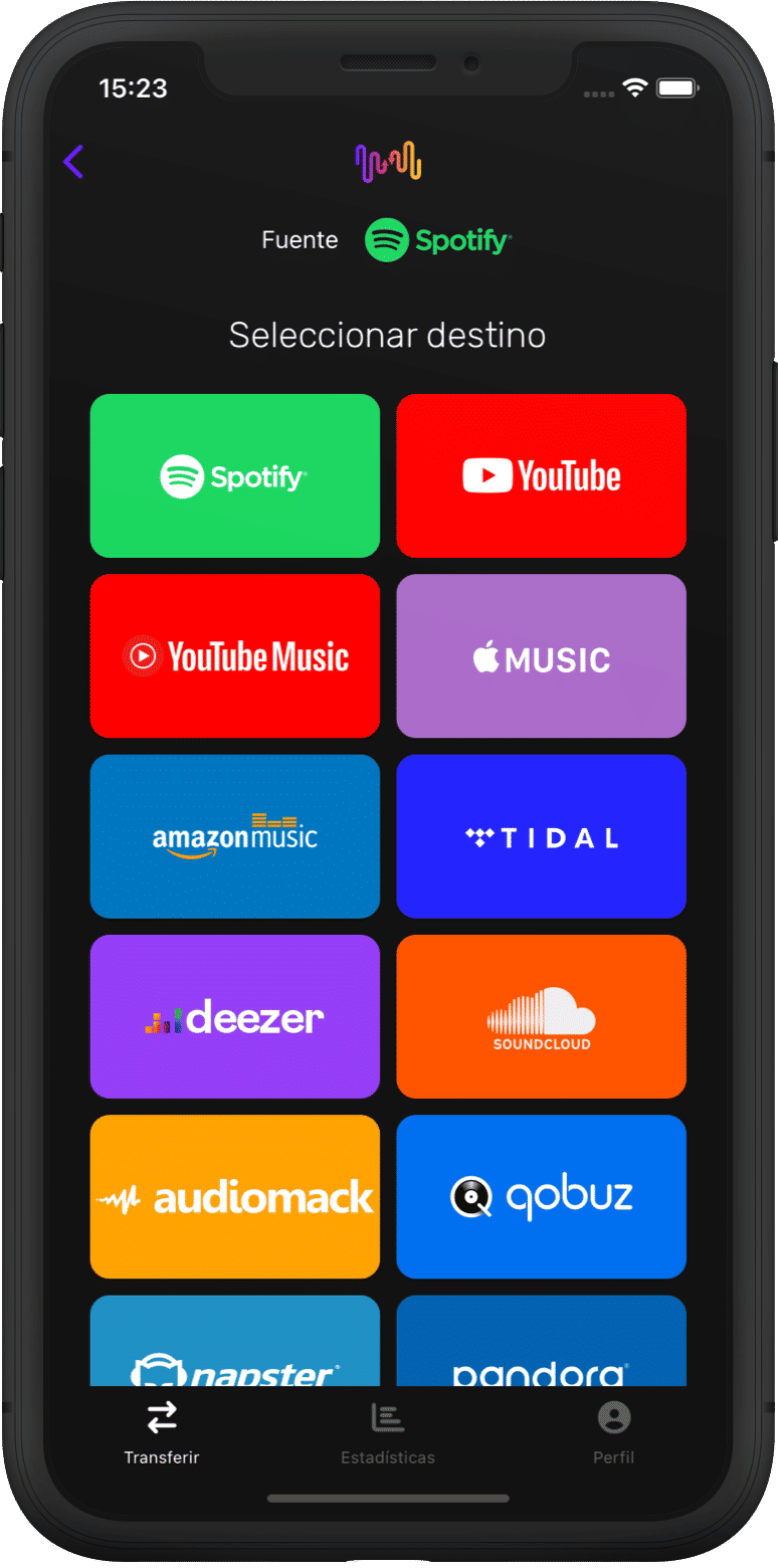 Captura de pantalla de transferencia de listas de reproducción seleccionando Apple Music
