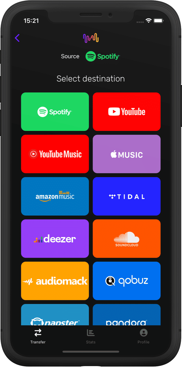 Screenshot of playlist transfer picking YouTube Music