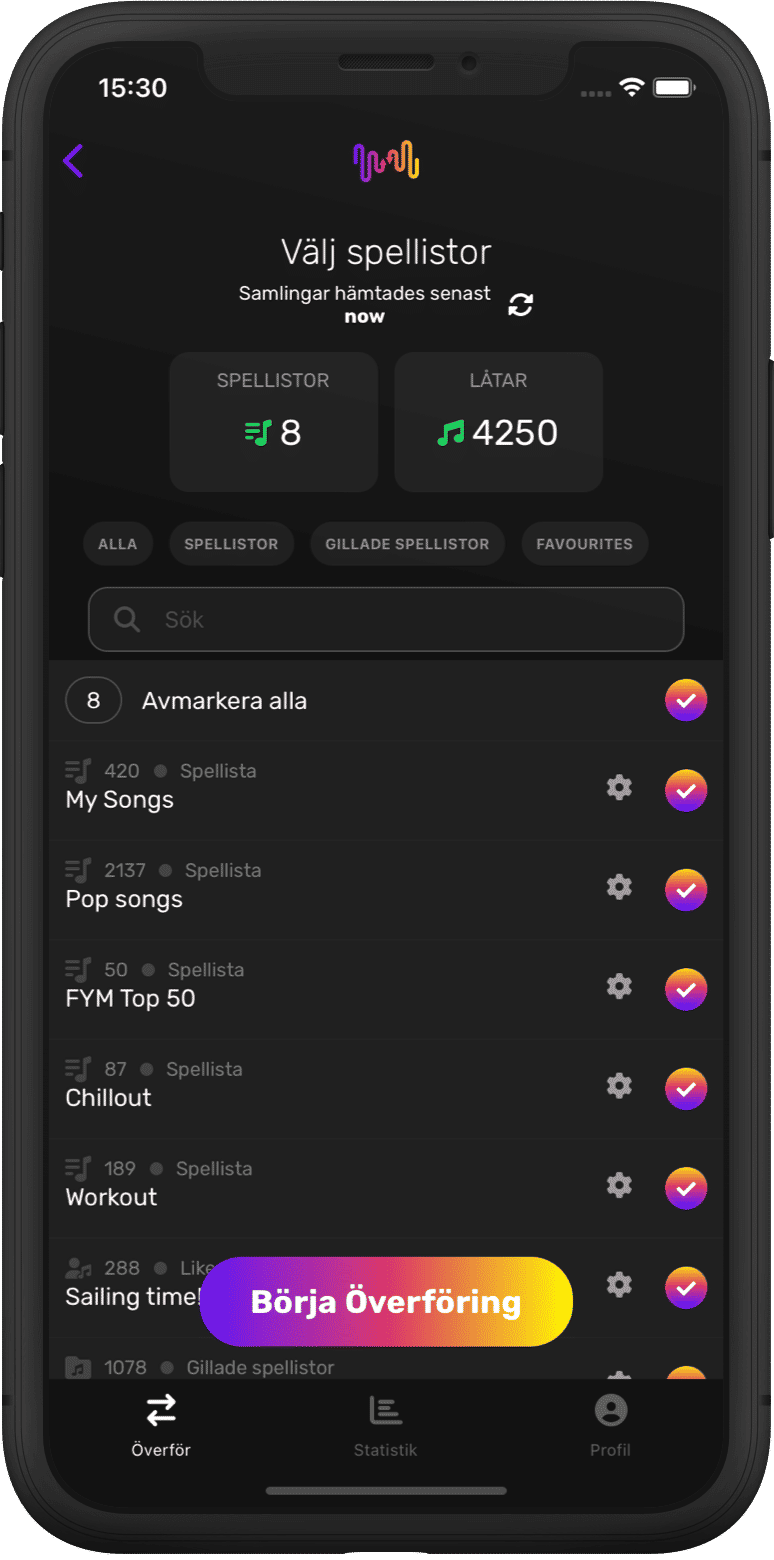 Skärmdump av överföring av plockning av spellistor