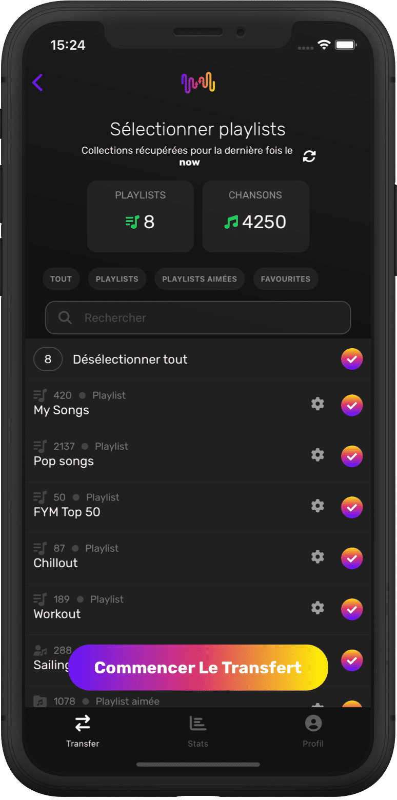 Capture d'écran du transfert des listes de lecture