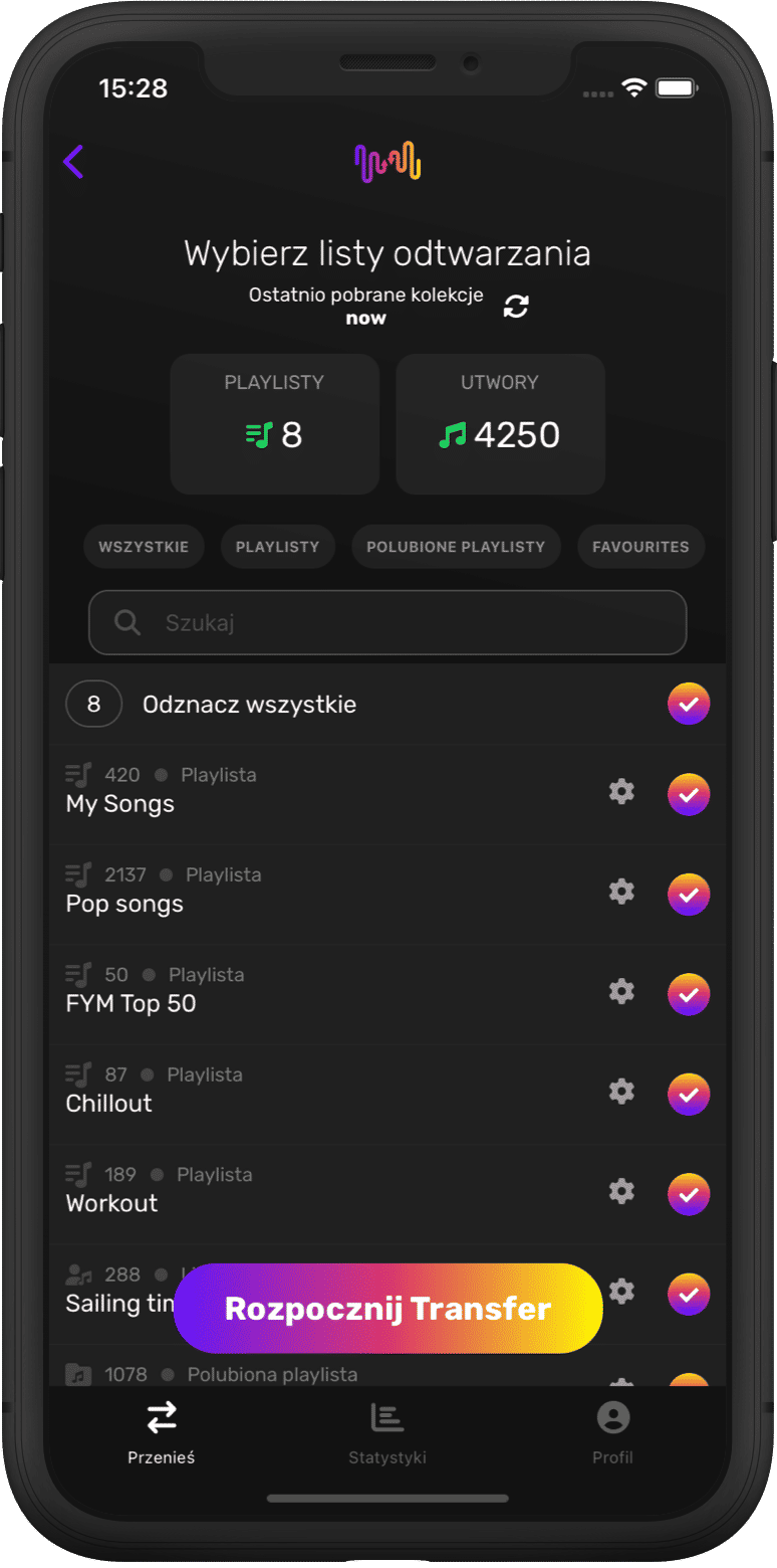 Zrzut ekranu przenoszenia list odtwarzania