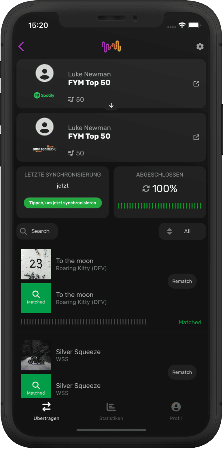 Screenshot der Wiedergabelisten-Übertragungsdetails