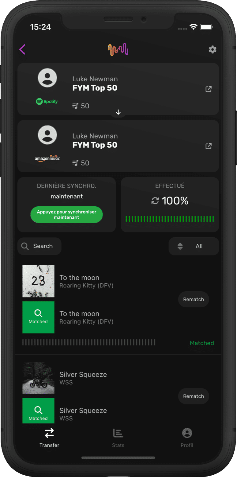 Capture d'écran des détails du transfert de la liste de lecture
