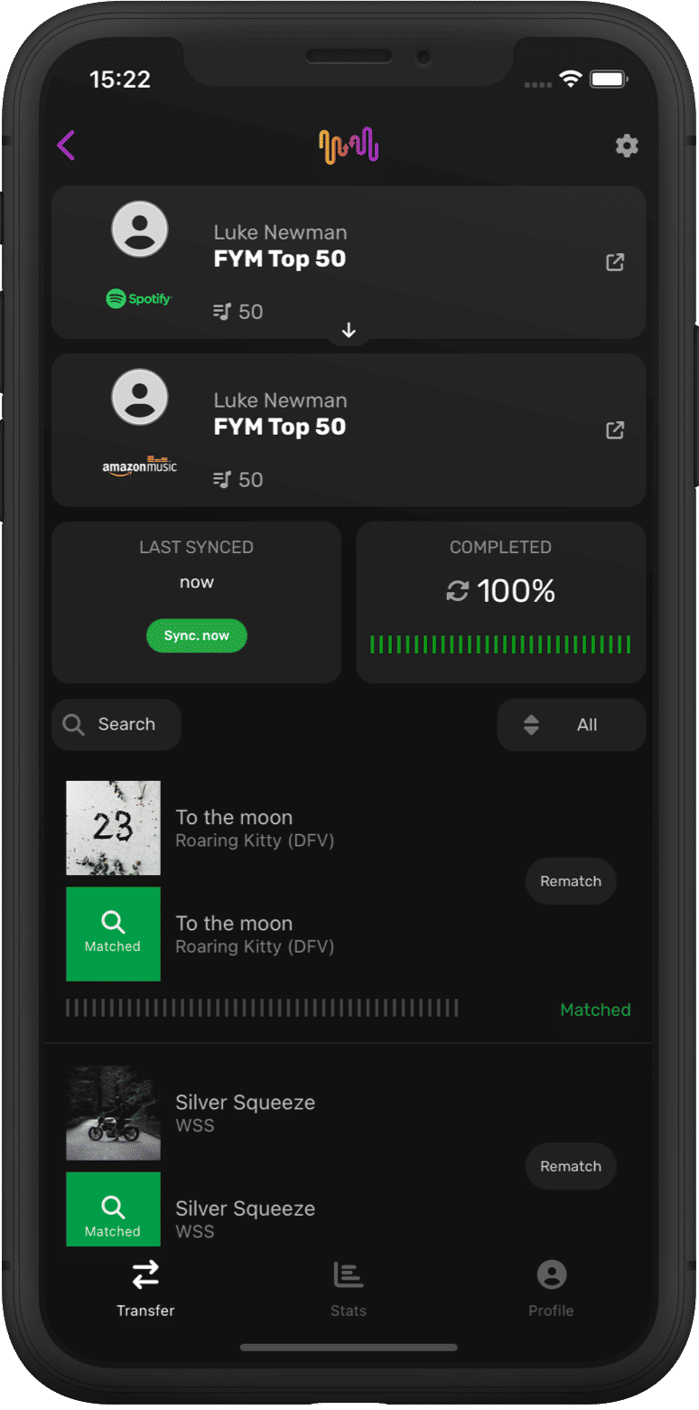 Screenshot of playlist transfer details