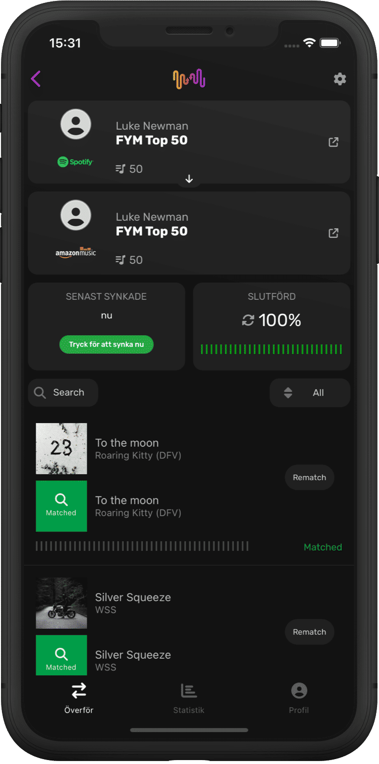 Skärmdump av detaljer för överföring av spellista