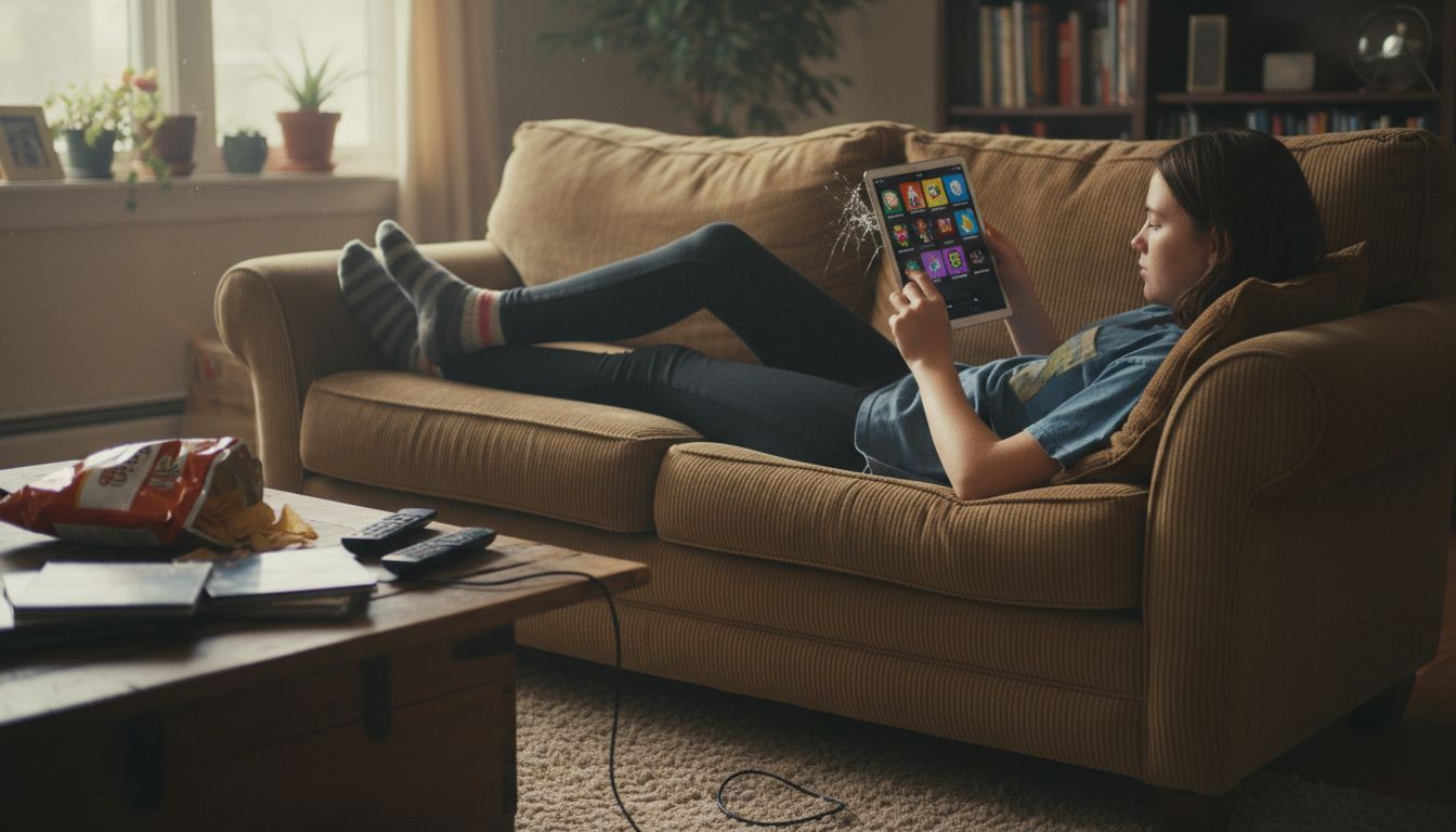 Teenager scrolling through digital music playlists