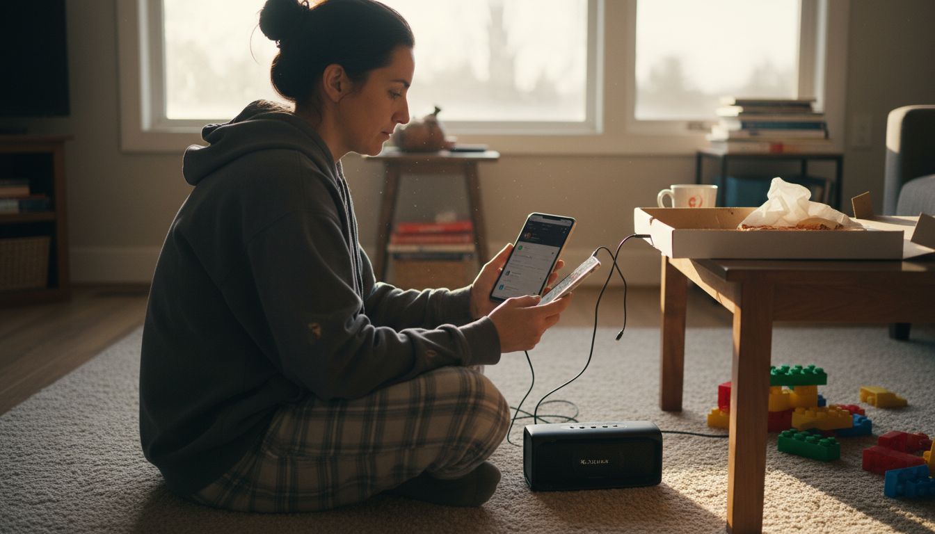 Woman transferring playlist between phone and tablet